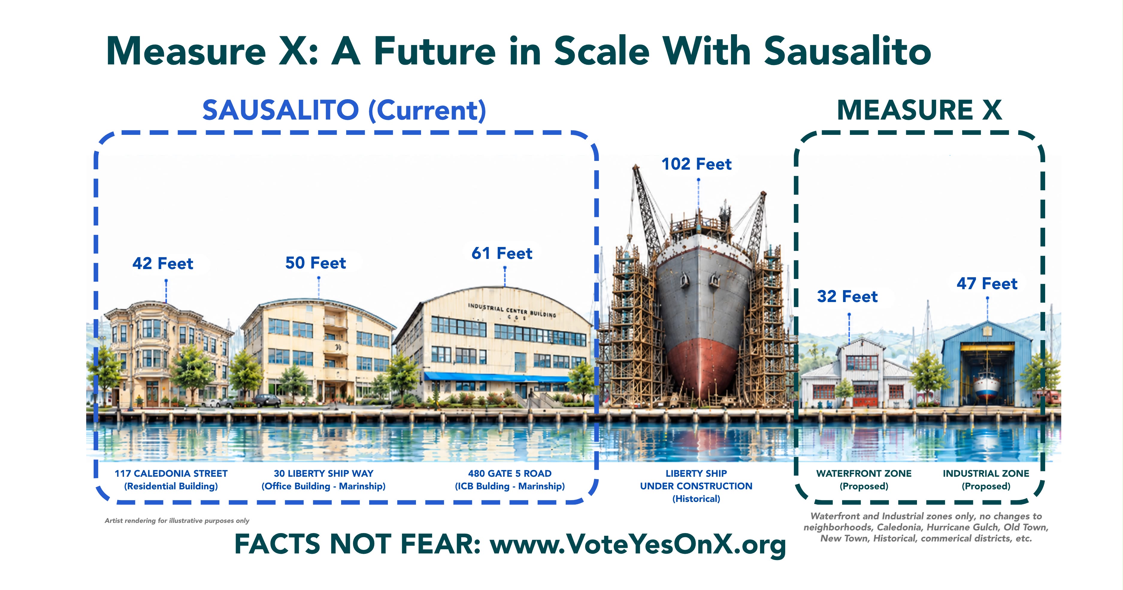 Campaign illustration comparing existing Sausalito buildings with proposed 32-foot Waterfront and 47-foot Industrial buildings