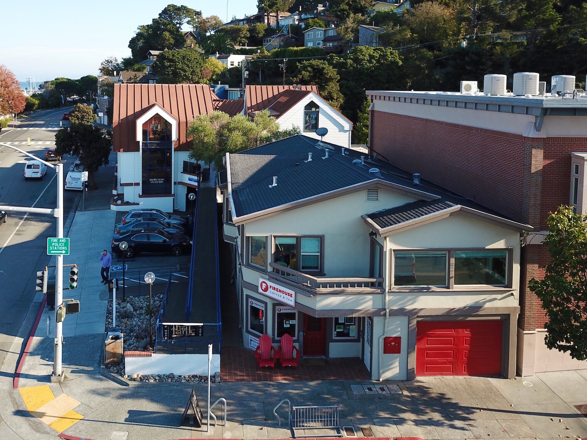 Firehouse Coffee & Tea building, sidewalk and street intersection